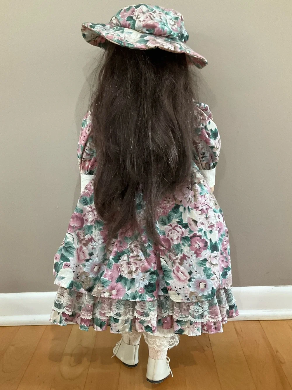 Vintage-Style Floral Porcelain Doll in Pink and Green Dress